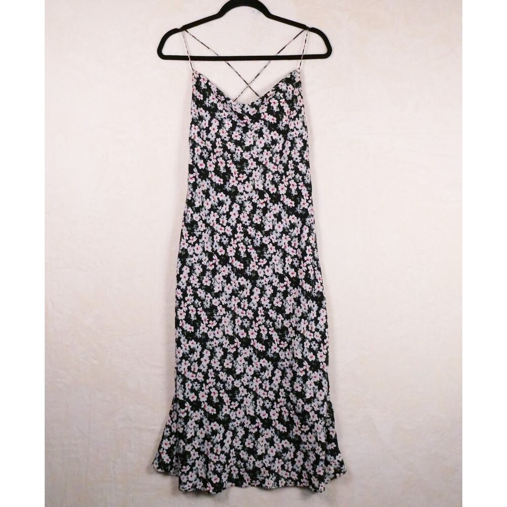 Lulu's Black Floral Strappy Low Back Midi Dress Size XS Cowl Neck Draped 90s